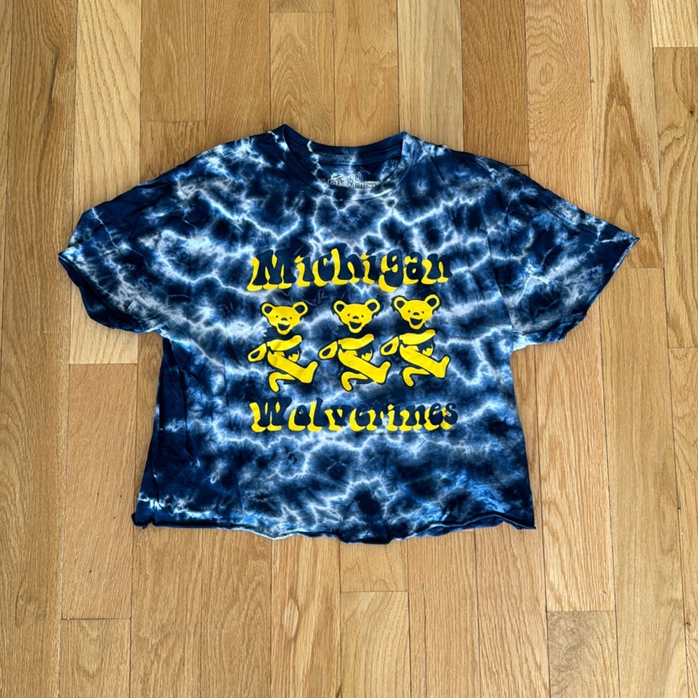 Blue and white tie-dye Dancing Bears Michigan t-shirt